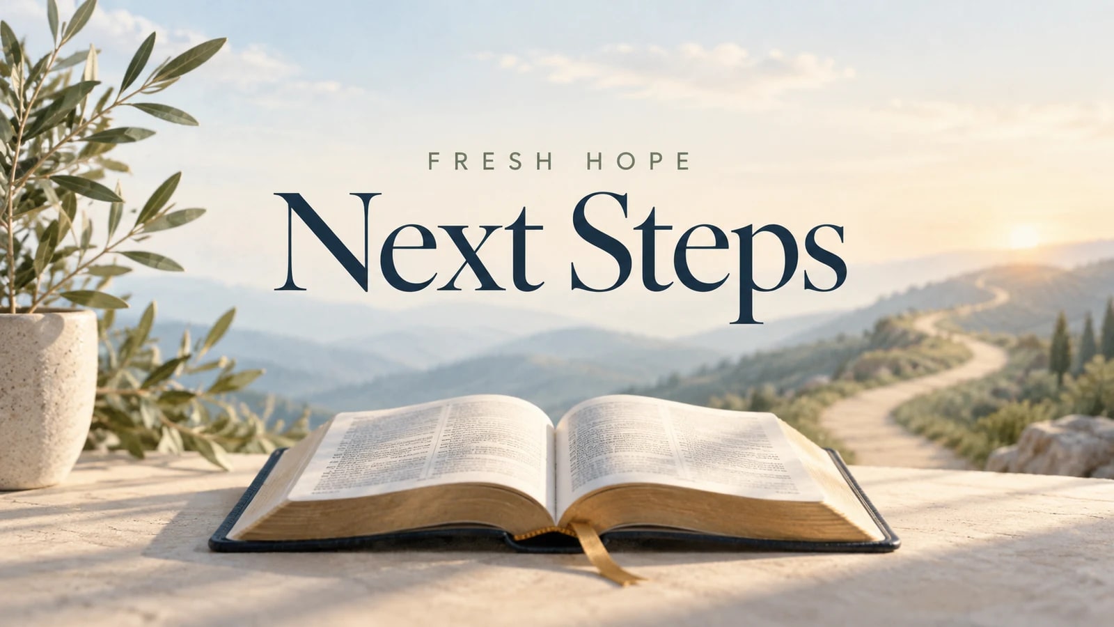 Next Steps lettering above an open Bible and a sunlit path through the foothills.